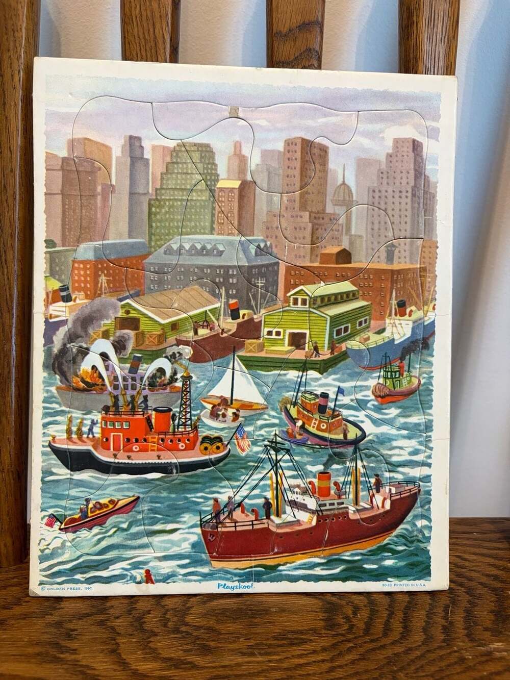 Playskool Golden Press Harbor and Tugboats Vintage Wooden Jigsaw Puzzle